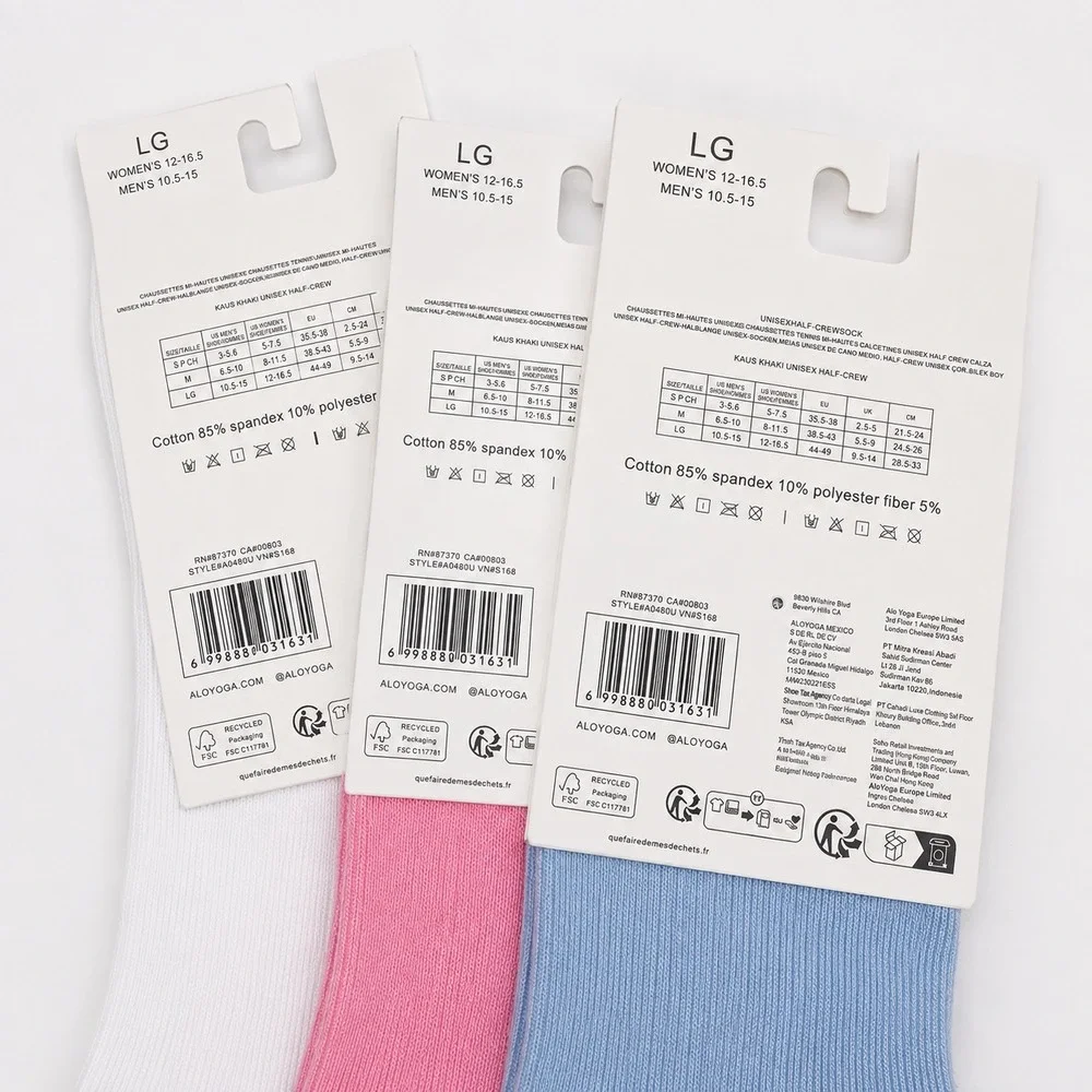 Alo Yoga Unisex Half-Crew Socks 3-Pack Blue Pink White Large NWT